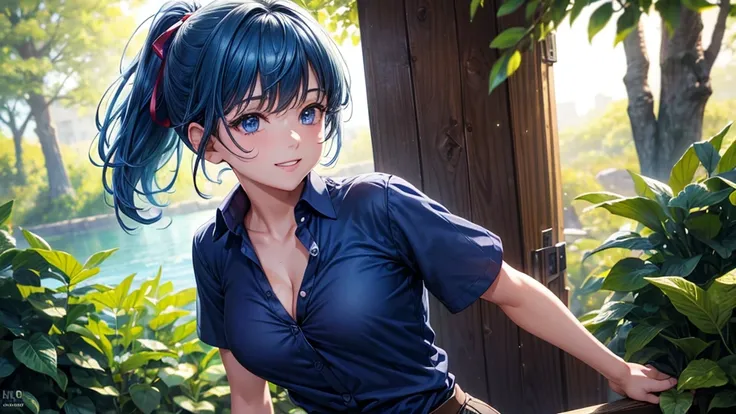 1girl, summer, trees, house, fantasy landscape, water, blue hair, short hair, ponytail, large full breasts, button down, dark blue eyes, ((dark blue silk shirt)), ((short sleeved shirt)), ((unbuttoned shirt)), ((unbuttoning shirt)), (cleavage), checked min...