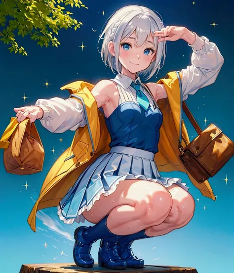 oil painting, Like a game cover、background（Skillfully expressing the effects of light and shadow、Blue and yellow contrast ）、 pose（ raise your hands to show your sweaty armpits、 squats）、 character （Tree Eyes,Sparkling blue eyes、smile）、Hairstyle（ Rinwell-sty...