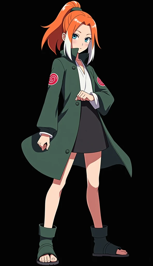 Female character created by Mikio Ikemoto and made by Studio Pierrot, a young girl with a slender and beautiful appearance, full body, fire-colored orange hair and very smooth with two white locks highlighted on the front, similar to those of Rogue from th...