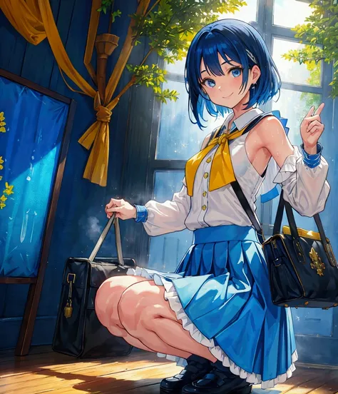 oil painting, Like a game cover、background（Skillfully expressing the effects of light and shadow、Blue and yellow contrast ）、 pose（ raise your hands to show your sweaty armpits、 squats）、 character （Tree Eyes,Sparkling blue eyes、smile）、Hairstyle（ medium hair...