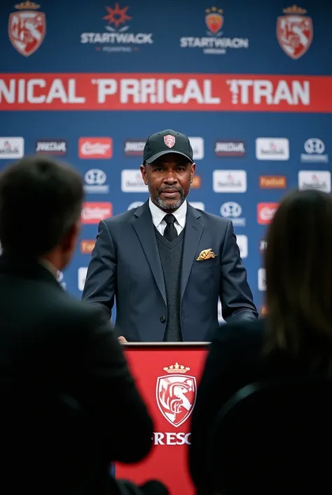 Black soccer coach with cap holding a press conference after the game