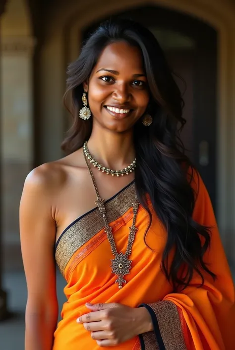 smiling woman in a sari with a necklace and a necklace, a picture by T. K. Padmini, instagram, tachisme, 3 0 years woman, 3 0 years old woman, 30 years old woman, photo of a woman, about 3 , (38 years old), m. c. esther, centre image, wearing bra and panty