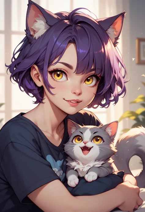 Fluffy cat dark purple hair yellow eyes grey fur cute guy short hair