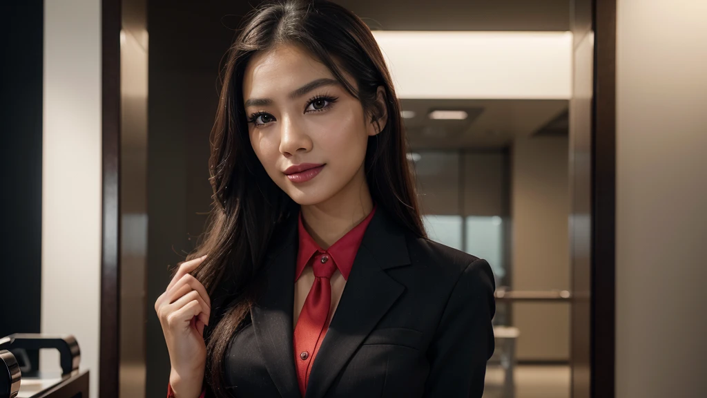 8k, realistic, ultra quality, beatiful asian girl, Stern anime girl, thai land office building background, polite red office suit uniform, smiling (Highest Quality, Amazing Details:1.25), cinematic lighting, unique, full body, high-quality, very long hair,...