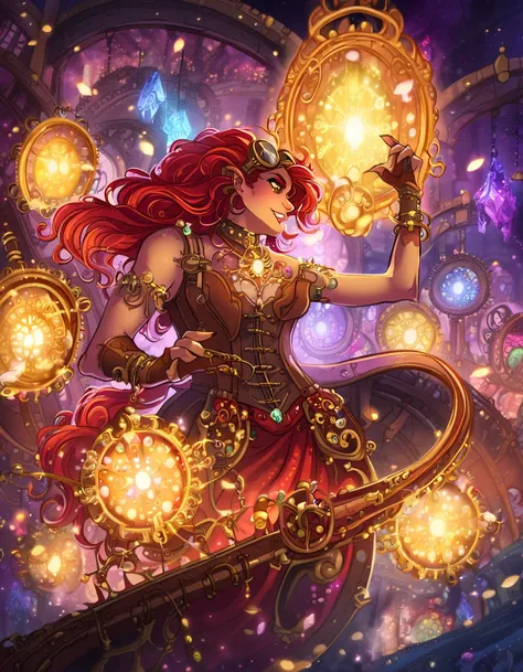 A female steampunk jeweler with fiery red hair, wearing a leather corset and brass goggles, crafting a necklace with intricate gears and glowing crystals. Her workshop is filled with antique tools and steam-powered machinery, surrounded by sparkling, radia...