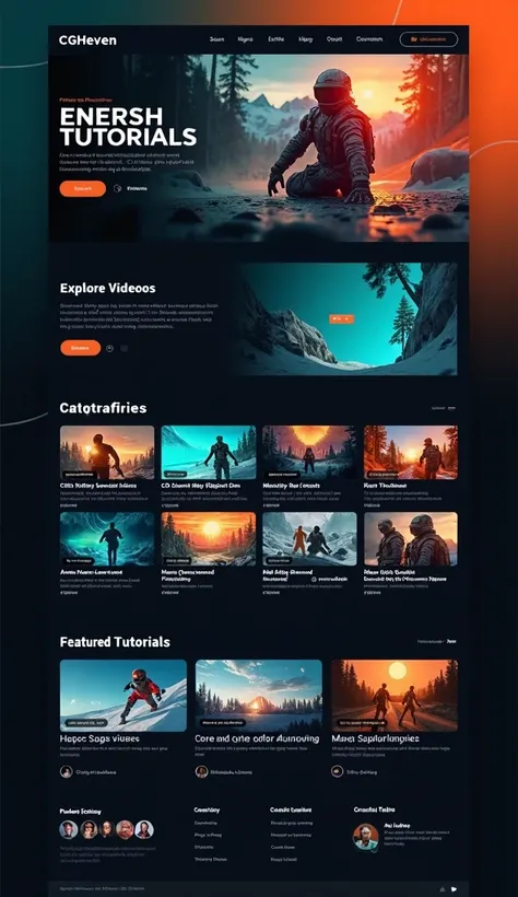 Design a sleek, modern video page layout for CGHeven with a dark, visually immersive theme featuring vibrant orange and teal accents.

Hero Section: Include a full-width banner with a visually appealing background (like a cinematic scene), a centered searc...