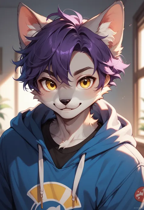 Furry boy Fluffy cat dark purple hair yellow eyes grey fur cute guy short hair