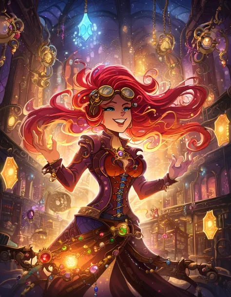 A female steampunk jeweler with fiery red hair, wearing a leather corset and brass goggles, crafting a necklace with intricate gears and glowing crystals. Her workshop is filled with antique tools and steam-powered machinery, surrounded by sparkling, radia...