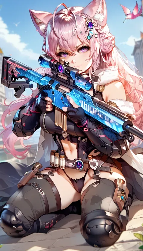 ultra-detailed, 1girl, solo, hakui koyori, (masterpiece)), (best quality), (highres), 16K, purple eyes, pink hair, bangs, crossed bangs, hair between eyes, ahoge, braid, hair ornament, animal ears, animal ear fluff, tail, wearing tactical clothes, tactical...