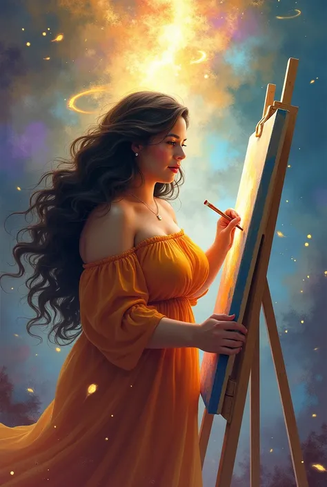 can the woman have wavy hair , is indonesian, plussize. who paints while receiving the gift of creativity from the devine universe