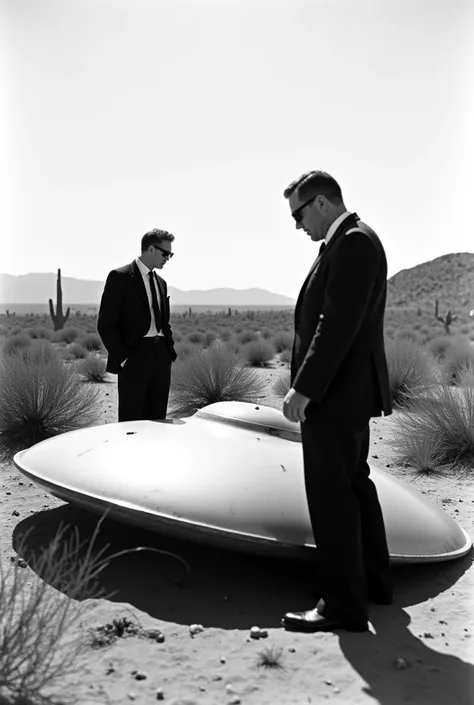 Imagine a black-and-white photograph, grainy and slightly faded, capturing the intensity and curiosity of a historical moment. A flying saucer UFO has crashed in the Arizona desert. Two men in black suits and sunglasses are standing beside the crashed flyi...