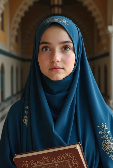 Generate a beautiful girl at age of 17 wearing hijab celebrating graduation of Quran 