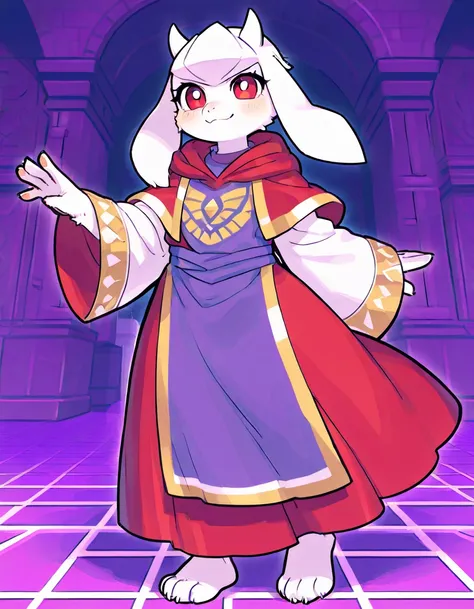 solo, female glaceon, standing, walls of purple bricks, full-body portrait, red eyes, smile, wearing toriels clothes: violet robe with long white sleeves and with image of runadelta, no shoes, 4 toes