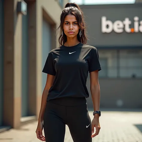 She is Brazilian, she is wearing a black Nike blouse and black Nike pants, Nike sports shoes, in the background of the image a sign says Bet.IA 