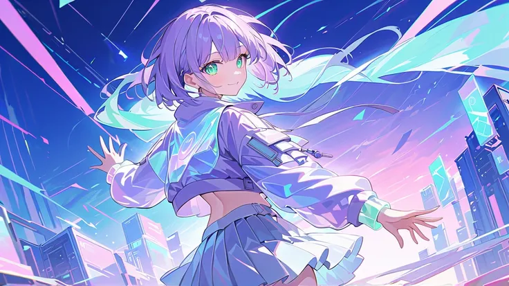 ((masterpiece)), ((best aesthetics)), ((super resolution)), ((best quality)), futuristic anime-style outfit, pastel purple hair, ((bob hair)), pastel purple cropped bomber jacket with holographic shimmer, pale gray layered pleated skirt with flowing transl...