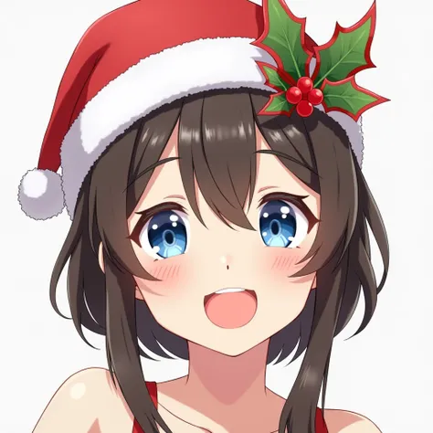  Reina Izumi who smiles ,  has a Christmas cap,  blue eyes  