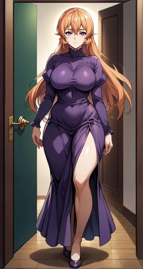 score_9, score_8_up, score_7_up, source_anime, 4K,perfect fingers, (perfect hands, perfect anatomy),
1girl,  erinanakiri, erina nakiri, long hair, orange hair, purple eyes, hair between eyes, large breasts,, 
wearing ((purple dress)),,
standing in a doorwa...