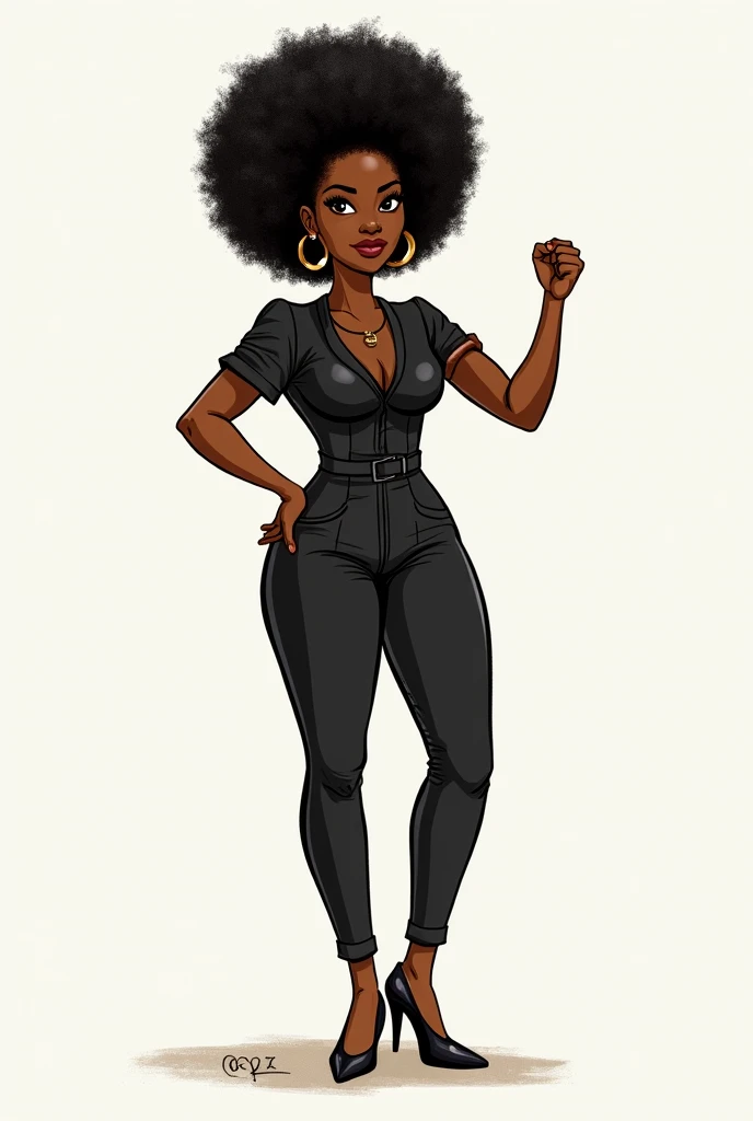  Create a drawing of a black woman , chubby, with 1,82m high,  Afro hair style Afro Puff ,  dressed in a stylish and modern ,  style with an arm around her waist and a confident smile.  Include a Black Power symbol  (closed fist). Style: stick figure ou de...