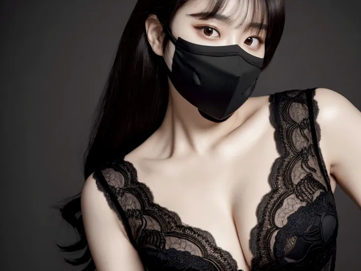 Best quality, masterpiece, ultra high res, (Cinematic Aesthetic:1.4) Photo of a beautiful korean fashion model (realistic, high resolution:1.3), (((girl wearing black mouth mask))), high heels, see through outfit, black lingerie, lace gauntlet, black stock...