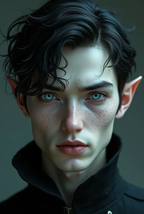 White eyes, black hair, beautiful, man, pale skin, freckles, pointed ears