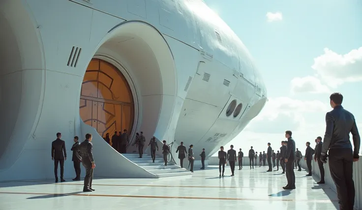  Lots of people saying goodbye from the deck of a spaceship , In the year 2500,  all dressed in futuristic , in a futuristic hangas ,  with curved shapes and ledas ,  seen from the deck of a gigantic hyperfuturistic white spaceship.