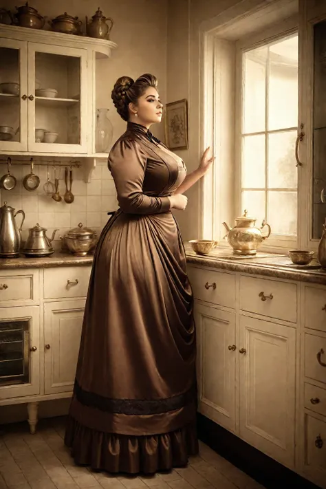 Full body shot of Anastasia Kvitko as a voluptuous buxom plump young french governess standing in the kitchen, opulent updo hairstyle, side braids, hourglass shaped figure, old vintage sepia toned photography, vignette, scratches