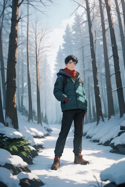 Blue eyed anime boy with hooded black hair standing in snowy forest