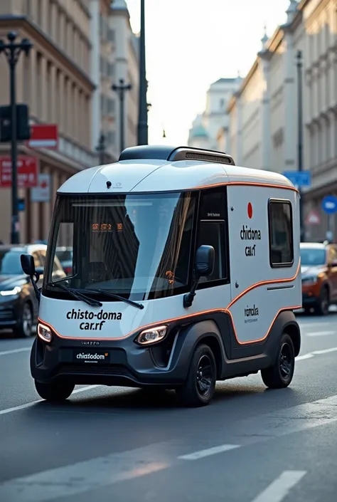 a modern minibus providing dry cleaning services in Moscow with the inscription on the Chisto-Doma car.rf 