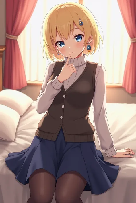 tenkaizumo, tenka izumo, short hair, blue eyes, blonde hair, smile,
BREAK skirt, long sleeves, jewelry, pantyhose, earrings, vest, sweater, turtleneck, turtleneck sweater,
BREAK indoors, bed,
BREAK looking at viewer, (cowboy shot:1.5),
BREAK (masterpiece:1...