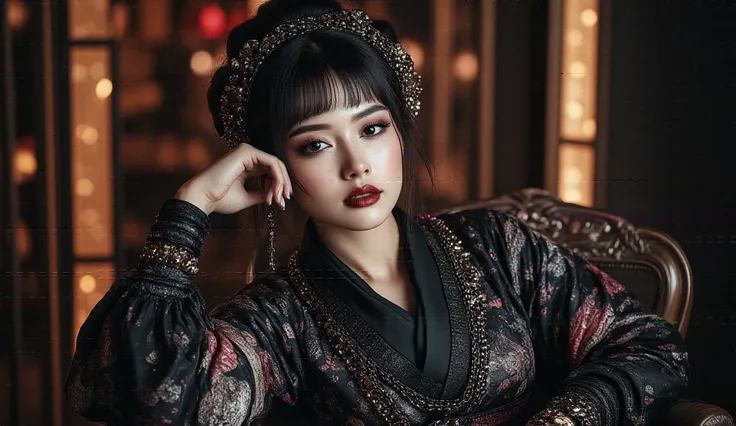 full body shot, A beautiful goth woman in a Japanese yukata, hanging on the back of a chair, in the foreground, highly detailed and expensive yukata with heavy metal i goth metal ornaments, realistic, photorealistic, photo-realistic:1.37, masterpiece:1.2, ...