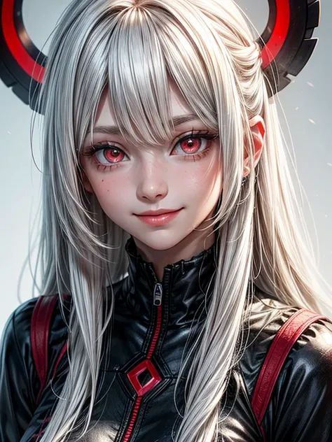  close-up ,  upper body . long,  white hair,  red eyes, smiling albino girl.