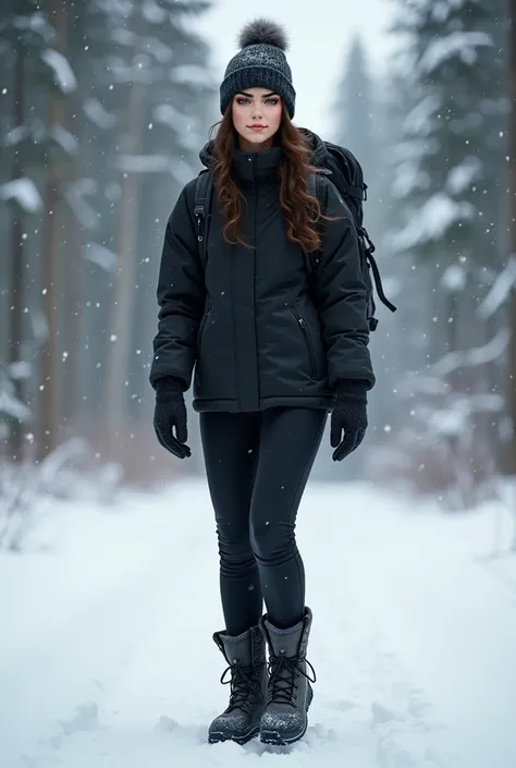 A tall, thin woman, wearing black winter clothes, hiking boots and a black backpack, The background is a snowy and cold forest, you can see the whole body of the character, general shot and realistic style