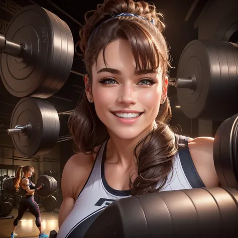 best quality, ultra high resolution, photoshoot, (photorealistic: 1.4), 1girl, bodybuilder girl, muscular girl, smile,
 At the gym, wearing a workout outfit, lifting weights, looking at the viewer, cute, full body, detailed eyes, detailed face, kpop idol, ...