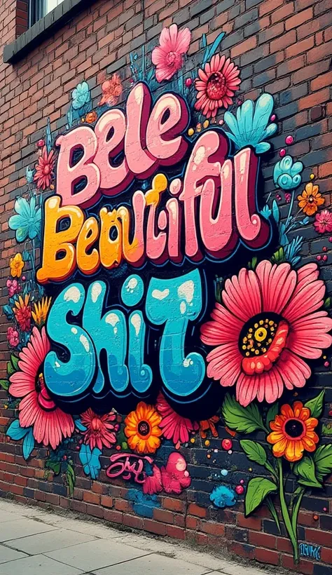 Un graffiti, avec une typographie artistique, avec des dessins de fleurs, style cartoon, effet bombe de peinture, éclaboussures; sur un mur en brique ou il y à écrit "Belle merde" 