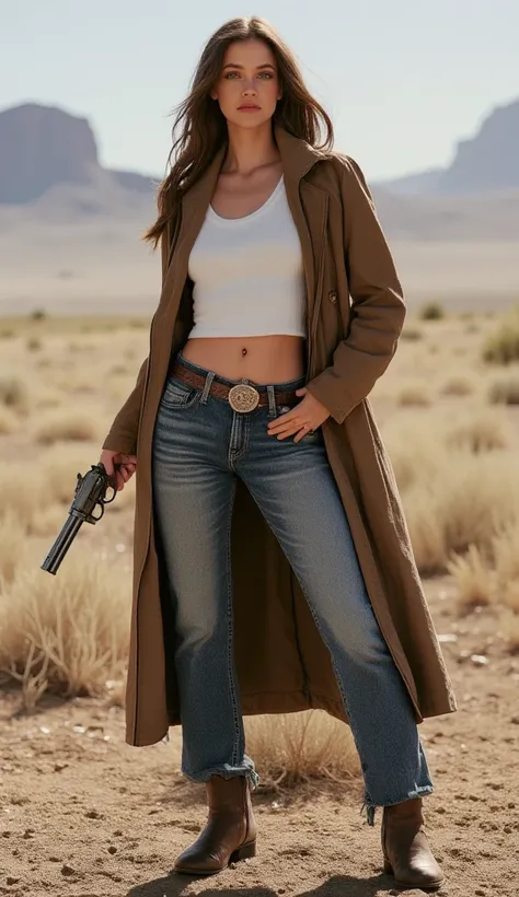 Colt Single Action, a wild west cowboy woman shooting with two Colt Single Action revolver guns in his hands