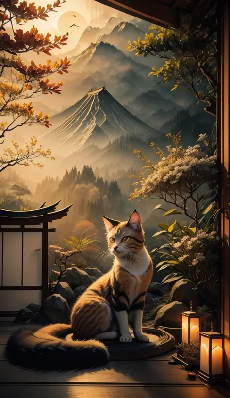 bakeneko, nekomata, two-tailed cat, aged feline, fluffy fur, lounging pose, calm expression, golden eyes, speaks human language, traditional Japanese house background, tatami mats, sliding doors, warm ambient lighting, mystical aura, fantasy creature, real...