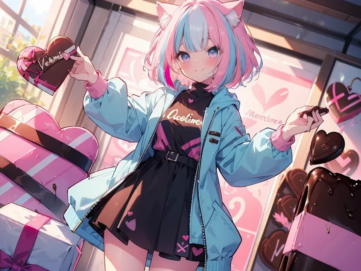 (((  Valentine )))、(( holding large wrapped chocolate in hand :1.15))、Chocolate gift 　knees to chest, (((pink and light blue))) ((streaked hair)), highlights hair, 1garl,standing, , Cat ears、smile、Selfie,  jacket、 short hair, , ,  medium breasts , from fro...