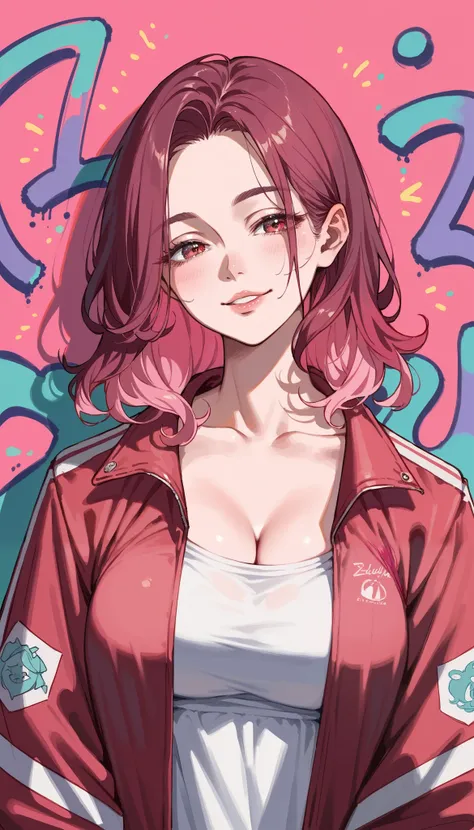 1girl, a little young girl, Alone, large breasts, Viewer,  simple background,  pink background , Lazy, Half-closed eyes, Dyed burgundy hair,  burgundy eyes , Smile,  functional style jacket,  upper body, Open clothes, abdomen, From the back, open jacket, L...