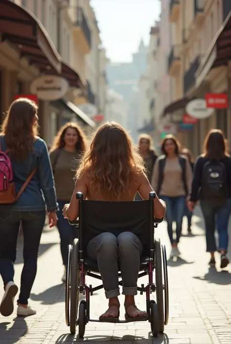  Make an image where 1 girl is in a wheelchair and all other people are walking in a shopping street.  The girl in the wheelchair should be the center . The image should be slightly above .  All walking people should look at the girl in the wheelchair. The...