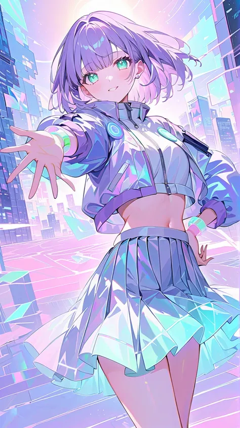 ((masterpiece)), ((best aesthetics)), ((super resolution)), ((best quality)), futuristic anime-style outfit, pastel purple hair, ((bob hair)), pastel purple cropped bomber jacket with holographic shimmer, pale gray layered pleated skirt with flowing transl...