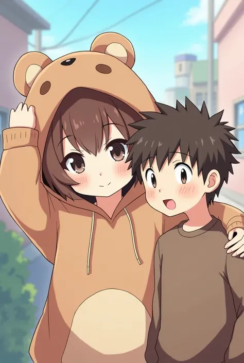 Make an anime  wears a bear hoodie and has messy brown hair and wears a bear cap and a boy who is wearing a brown sweatshirt