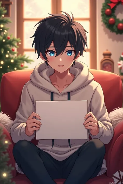 Anime man blue eyes black hair with plush hoodie and sign sitting in a Christmas house