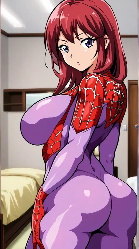 Spiderman woman in sexy costume shamefully exposed breasts , big ass without clothes .  Room interior background . Digitized style image 