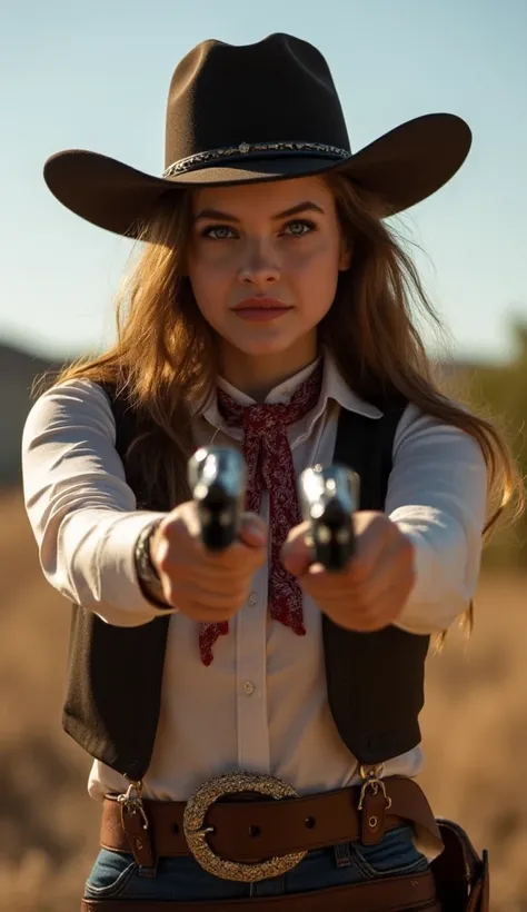 Colt Single Action, a wild west cowboy woman shooting with two Colt Single Action revolver guns in his hands