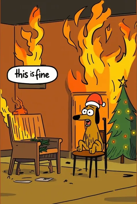 "this is fine" meme but with christmas theme, the room is on fire, a dog in a christmas hat sitting on a chair, christmas tree, vintage comic style