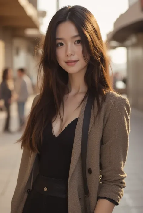 a young east-asian woman,beautful strait hair,thined out hair,fashion photography,with (long hair),standing straight,slight smile,left hand holding purse,right hand relaxed,(natural skin texture,hyperrealism,soft light,sharp:1.2) young adult East Asian joy...