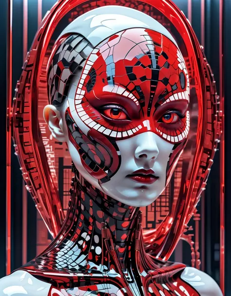 horror she as (c1bo:1.1),geometric patterns, (red fish egg half face:1.15), elegance, cyborg,Architectural Digest Fashion Feature, strong makeup urban skyline backdrop, (liquid illumination:1.1), (synthetic transparent:1.1), transculent brain,detailed eyes...