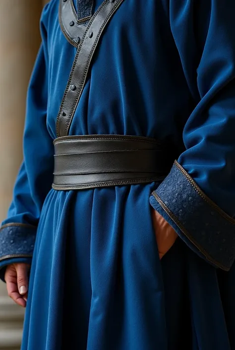 a close up of a person wearing a blue robe and a black belt, medieval robes, medieval wear, blue surcoat, medieval garb, medieval clothes, high quality costume, blue tunic and robes, navy blue armor, old english garb, medieval clothing, shamanistic dark bl...