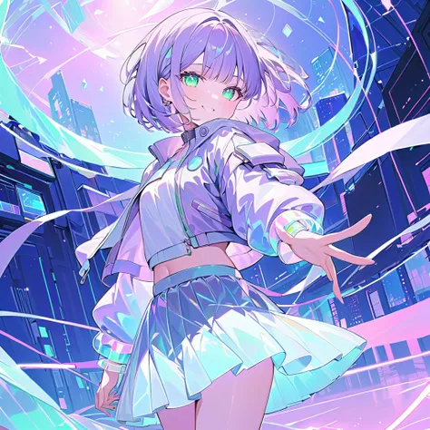 ((masterpiece)), ((best aesthetics)), ((super resolution)), ((best quality)), futuristic anime-style outfit, pastel purple hair, ((bob hair)), pastel purple cropped bomber jacket with holographic shimmer, pale gray layered pleated skirt with flowing transl...