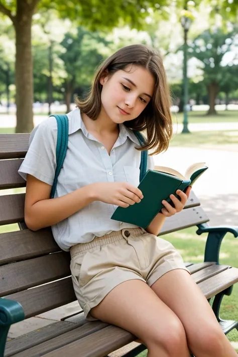 sweet girl,  age fifteen, , a gentle young beautiful face ,  subtle regular facial features ,  light brown hair ,  Short hair ,  grey eyes ,  sits on a park bench reading a book .  Dressed in shorts and a transparent shirt with straps.  professional photo ...